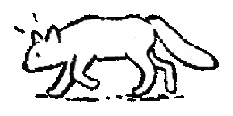 Silhouette of a wolf walking to the left.