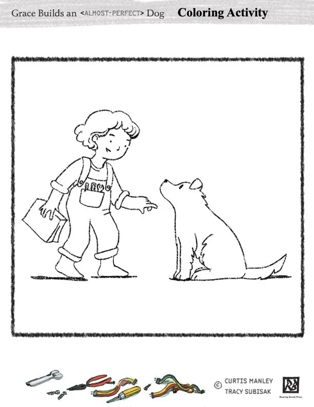 A young girl with short curly hair is interacting with a sitting dog. She is holding a folder or book in her left hand and extending her right hand towards the dog. The scene is outlined in black and white, with a decorative border around the picture. The text on the top indicates it is a coloring activity titled 'Grace Builds an Almost-Perfect Dog.'
