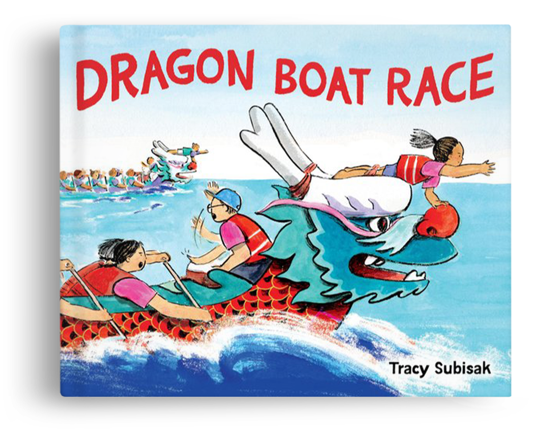 Children participating in a dragon boat race on the water, riding in a dragon-shaped boat with a large dragon head at the front, with more boats and dragon heads visible in the background.