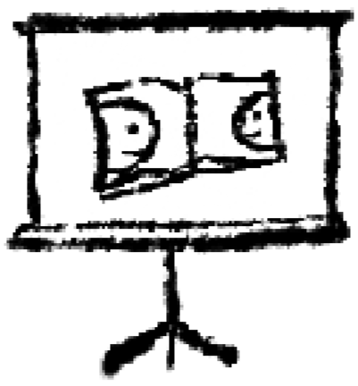 A simple drawing of an open book with two visible pages showing a circular design.