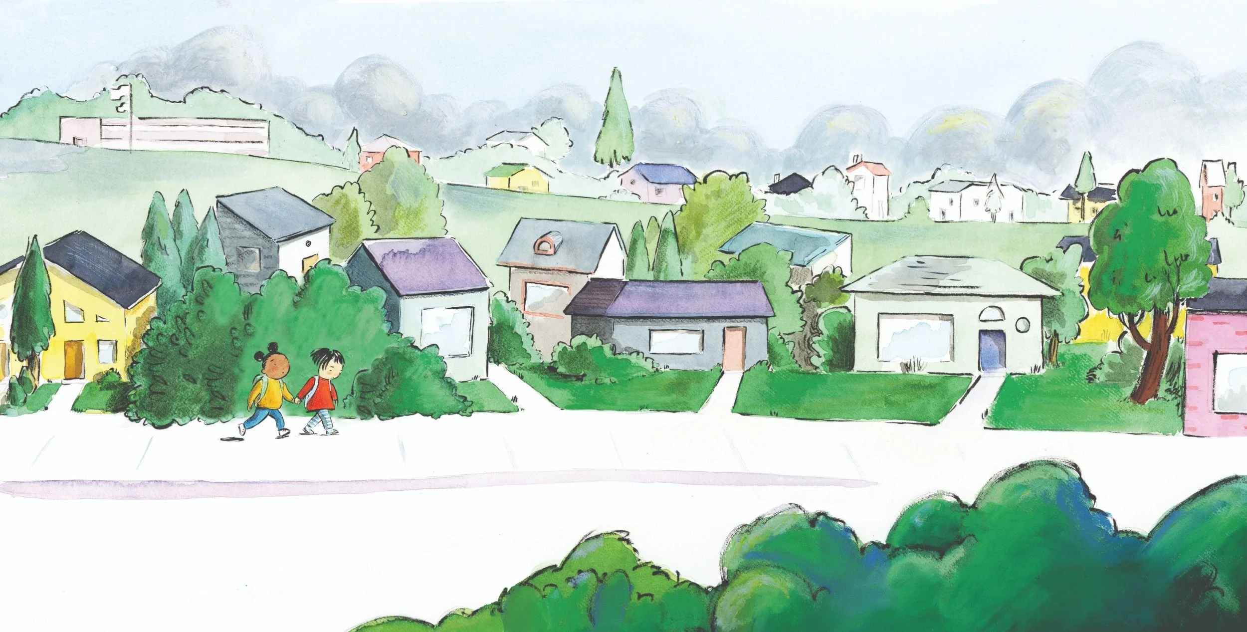 Watercolor illustration of a neighborhood with colorful houses, trees, and two children walking on a path in the foreground, with rolling hills and clouds in the background.