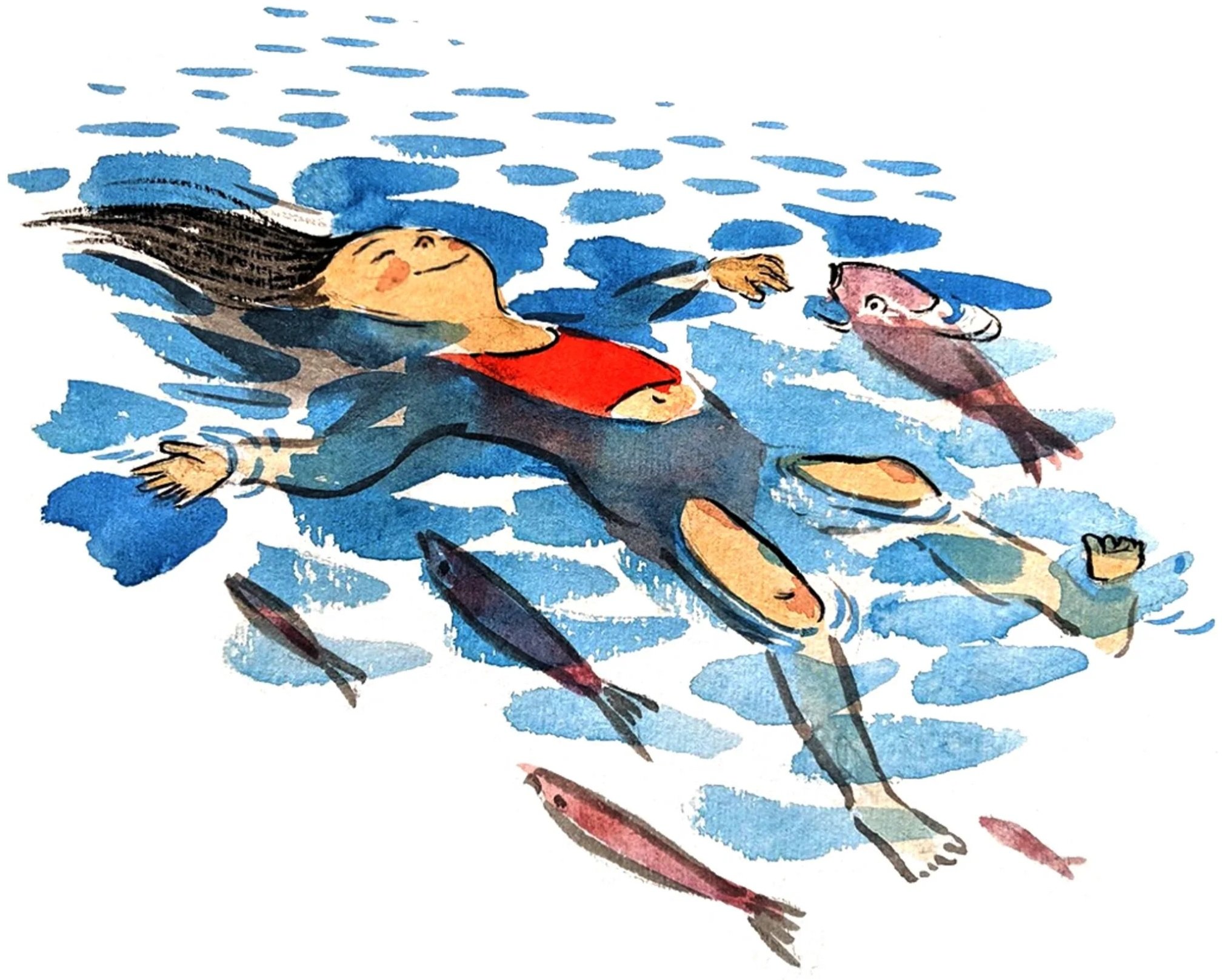 A watercolor illustration of a girl with long dark hair floating on her back in a body of water, smiling, with a pink fish next to her.