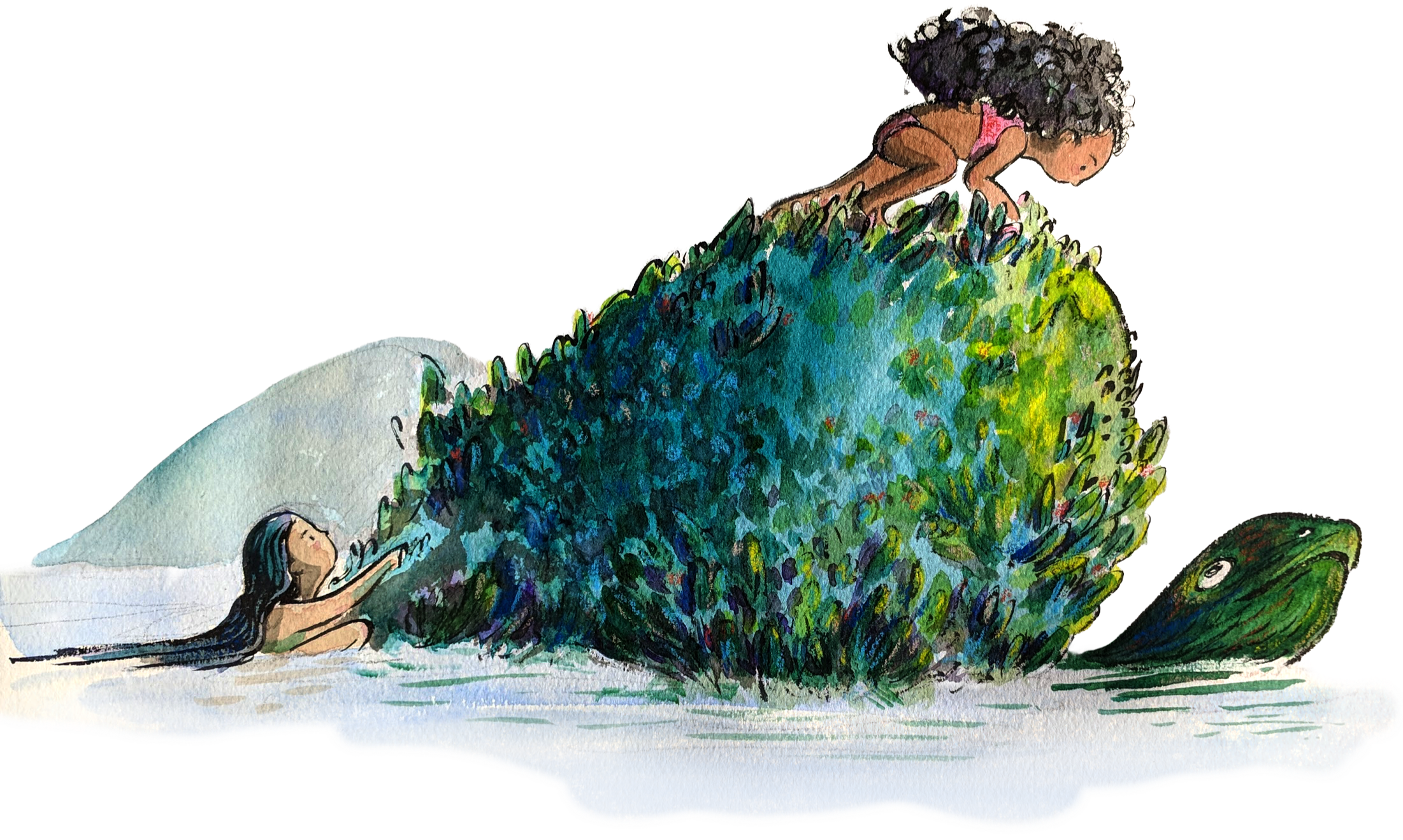 Two children climb on a giant turtle with a shell covered in plants as it swims through the water.