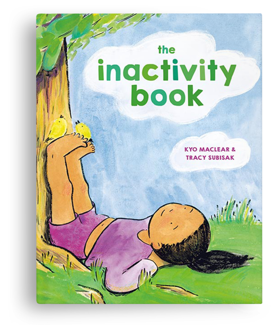 The cover of a children's book titled 'The Inactivity Book' by Kyo Maclear and Tracy Subisak. The illustration shows a young girl with black hair lying on her back on green grass, leaning against a tree, with two yellow birds perched on her feet, and another bird in the tree.