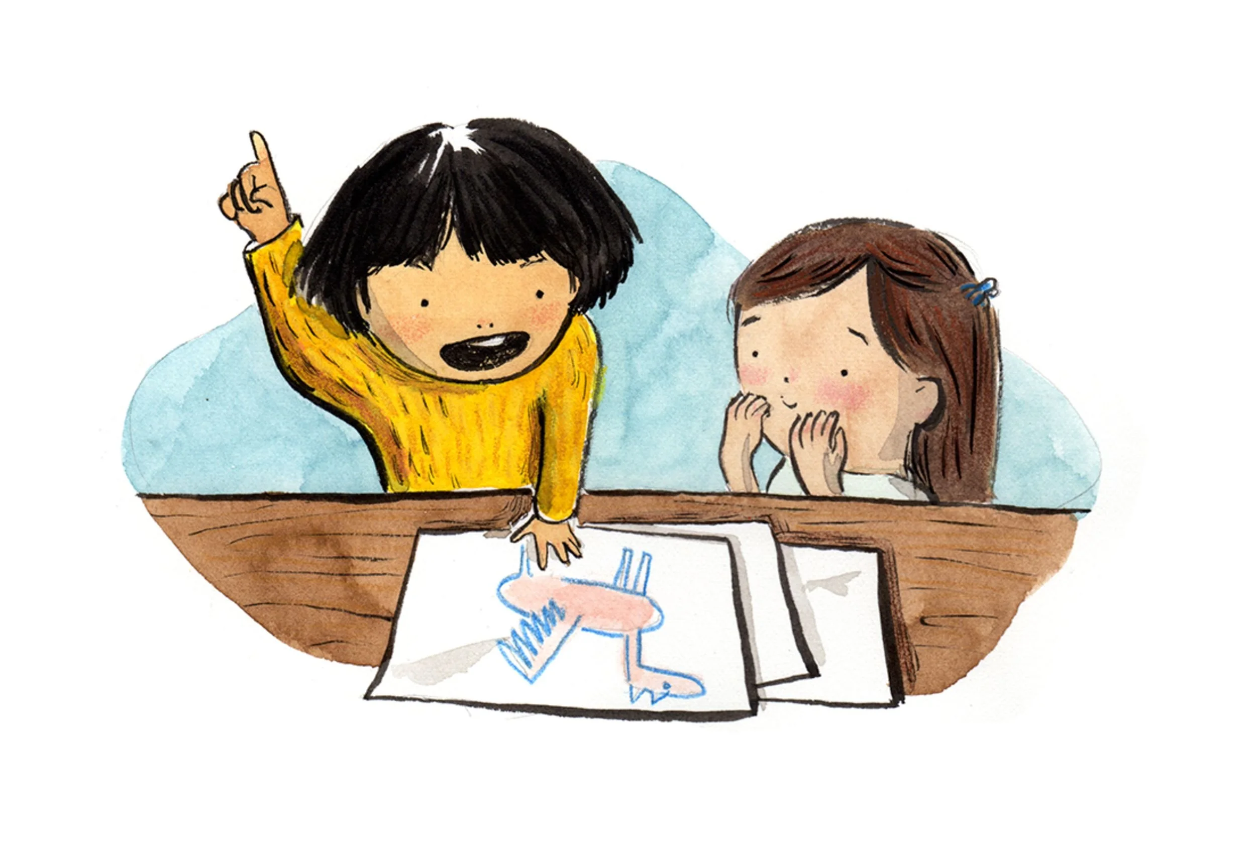 Two children, a boy with black hair and a girl with brown hair, are sitting at a wooden table. The boy is pointing upwards with his finger, and the girl is covering her mouth with her hands, appearing surprised. There is a drawing of a dinosaur on a 