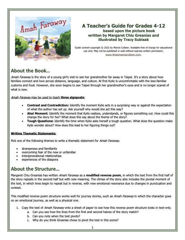 Page from a teacher's guide titled "A Teacher's Guide for Grades 4-12" centered around a story called "Amah Faraway" by Margaret Chiu Greanias, illustrated by Tracy Subisak. It includes sections about the book, its thematic significance, and structure, with bullet points and questions for discussion.