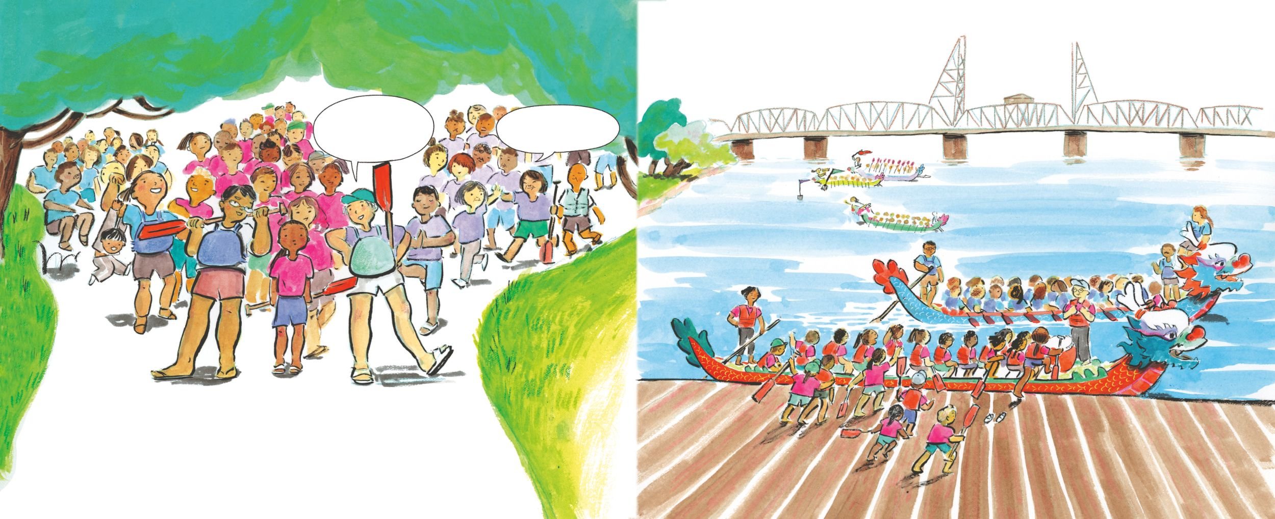 Colorful illustration of children participating in a dragon boat race by the water, with a bridge in the background.