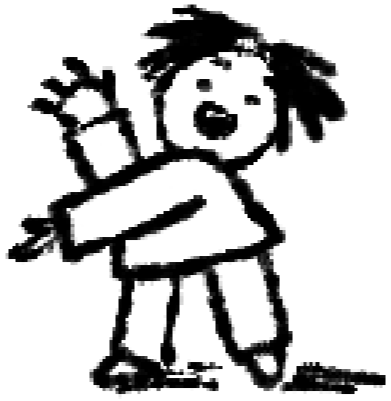 Pixelated black and white drawing of a person with one arm raised and one leg up, wearing a shirt and pants.