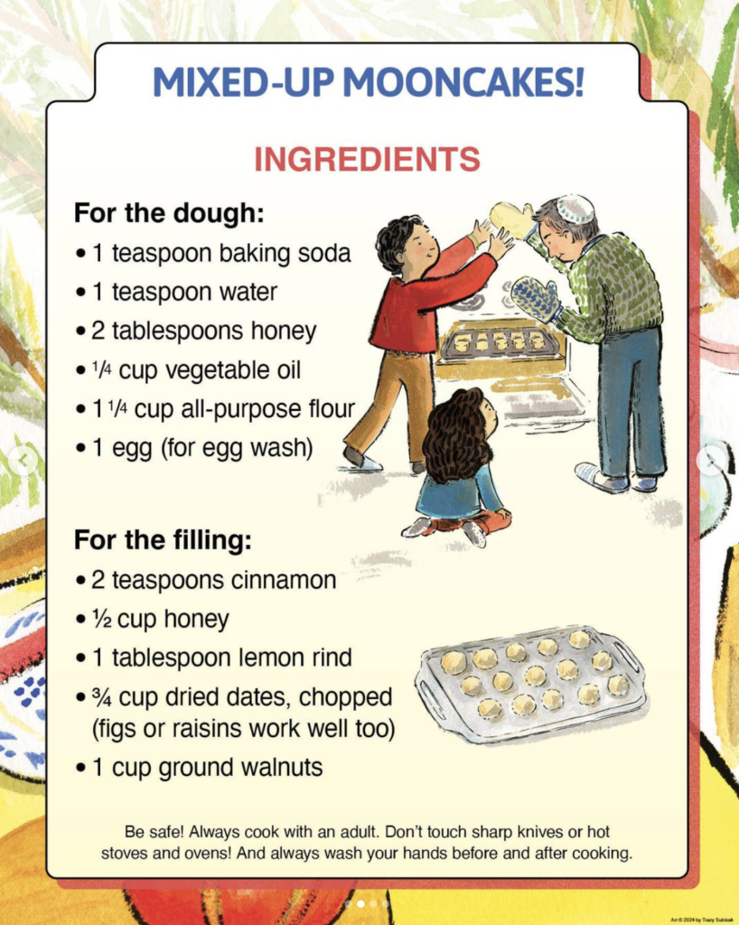 Illustration of two children and an adult baking mixed-up mooncakes together in a kitchen. A baking tray with mooncakes is shown at the bottom right corner.