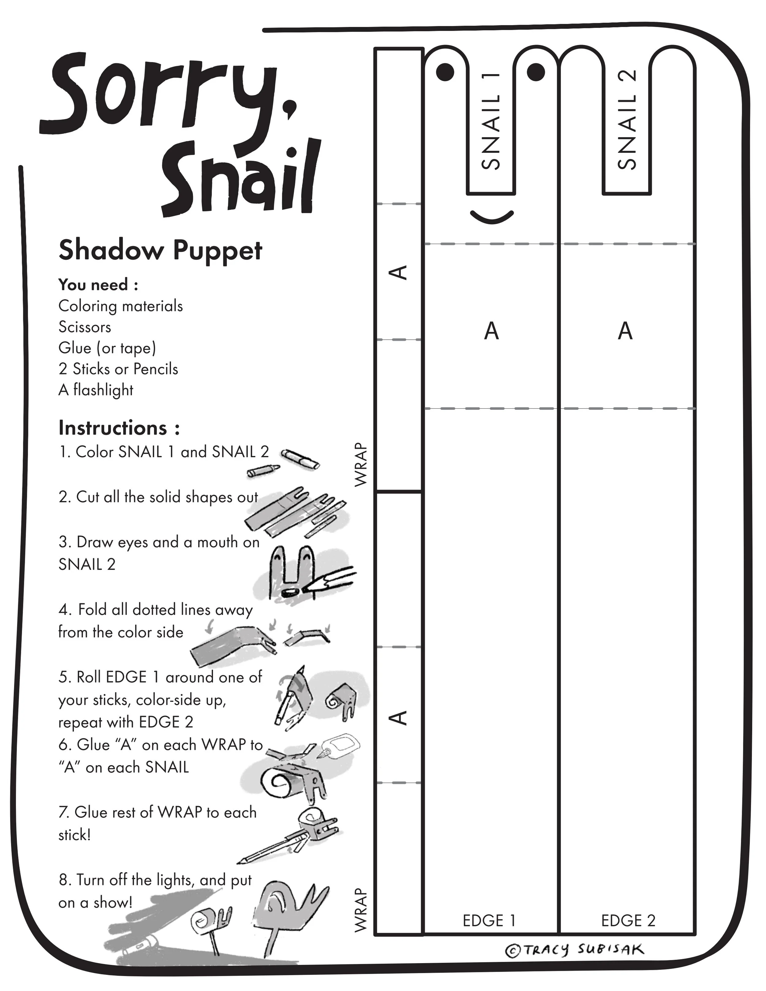 A black and white instructional diagram for creating a shadow puppet snail, with labeled steps and illustrations.