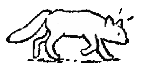 Black and white silhouette of a fox walking.