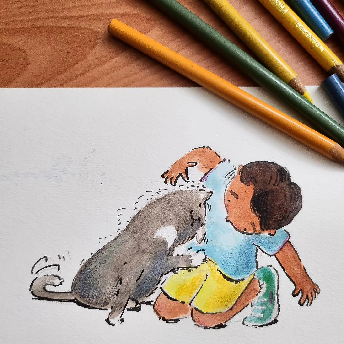 A watercolor illustration of a boy kneeling on the ground with a gray dog that has a white spot on its tummy, both facing each other.