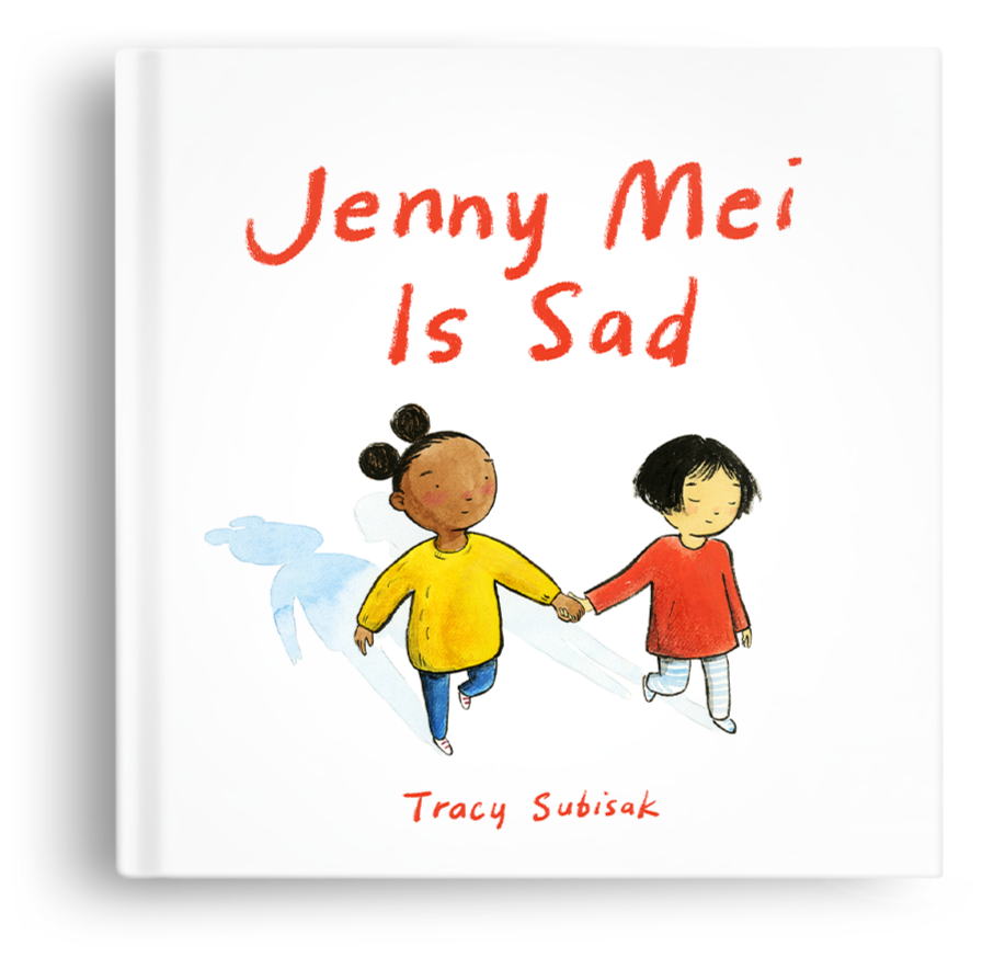 A children's book cover titled 'Jenny Mei Is Sad' by Tracy Subisak, featuring an illustration of two young girls holding hands, one with dark skin and hair in two buns wearing a yellow sweater, and the other with light skin and black hair wearing a red sweater.
