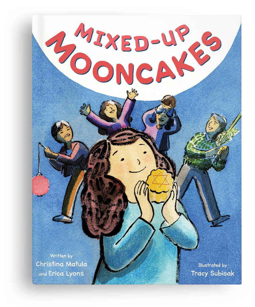 Cover of a children's book titled 'Mixed-Up Mooncakes' featuring a girl holding a mooncake. In the background, four diverse children are engaging in different activities: one holding a red paper lantern, one cheerfully waving, one talking on a phone, and one holding a plant. The illustration is colorful and cheerful.
