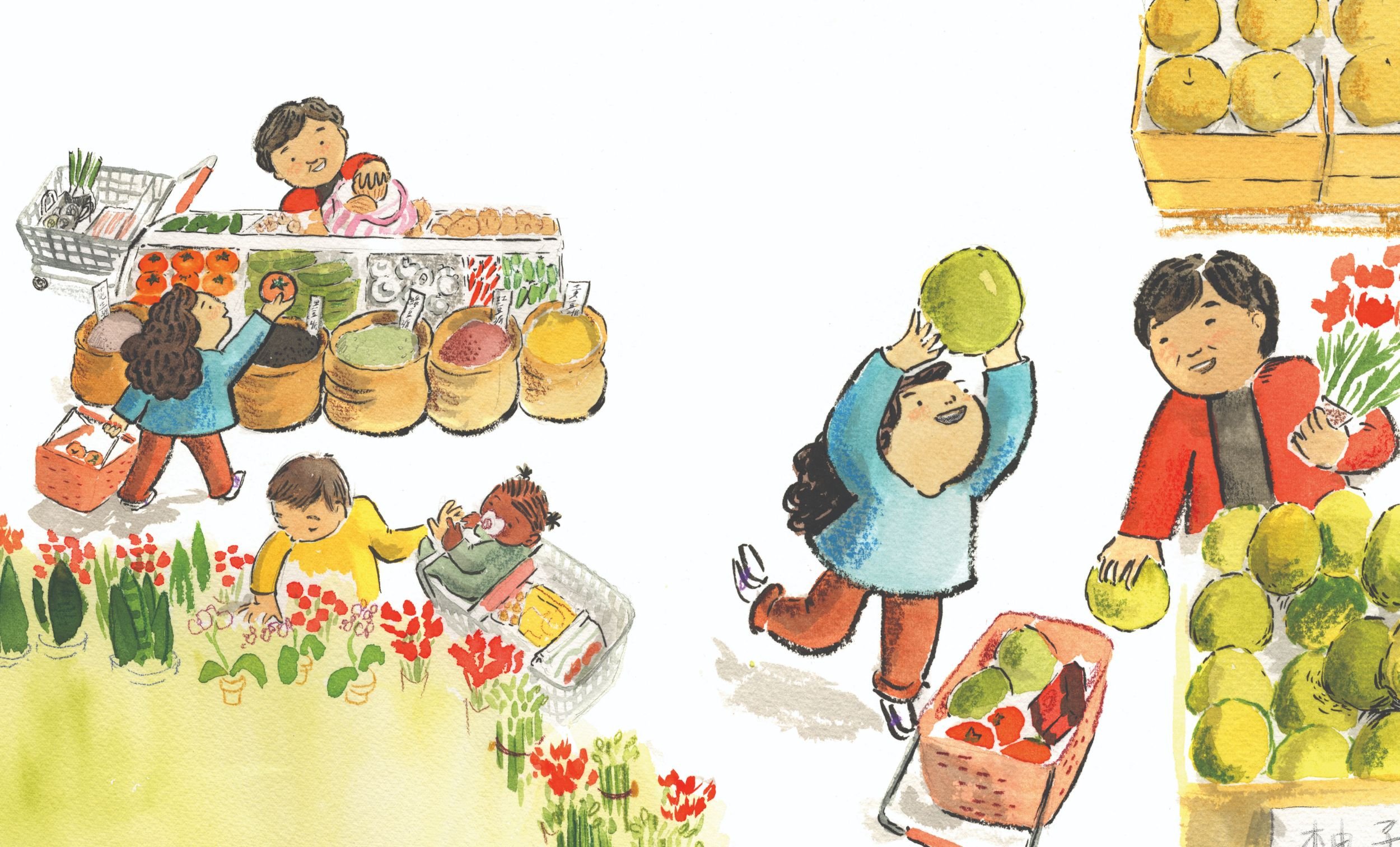 People shopping at a farmer's market with fresh vegetables, flowers, and melons.