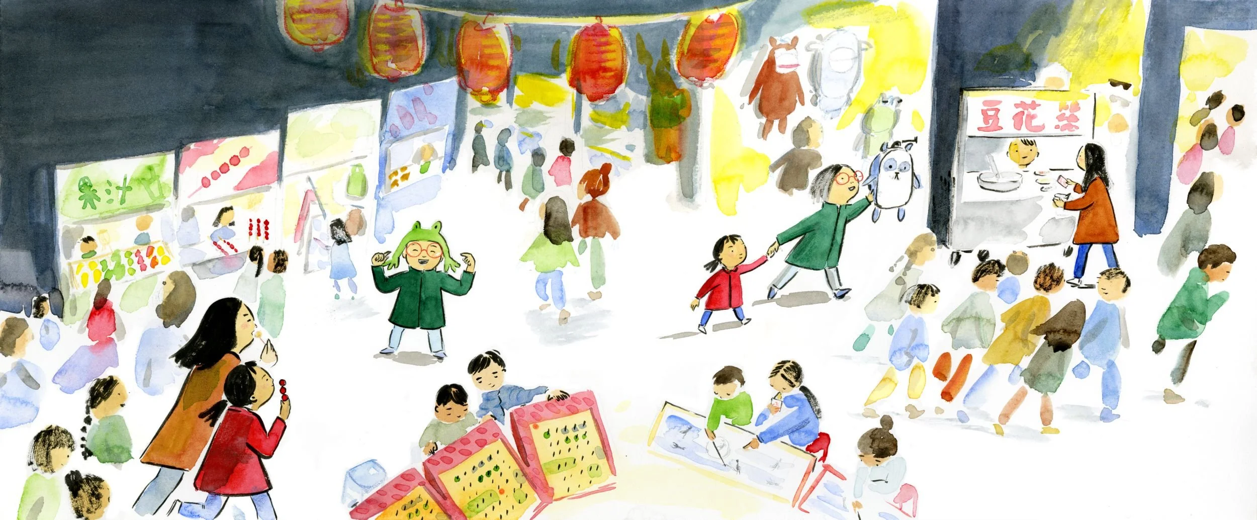 A busy market scene with numerous people shopping and walking around. Stalls with colorful lanterns hanging above, and various vendors selling goods. Children and adults enjoy browsing and socializing, with some people sitting and others exploring th
