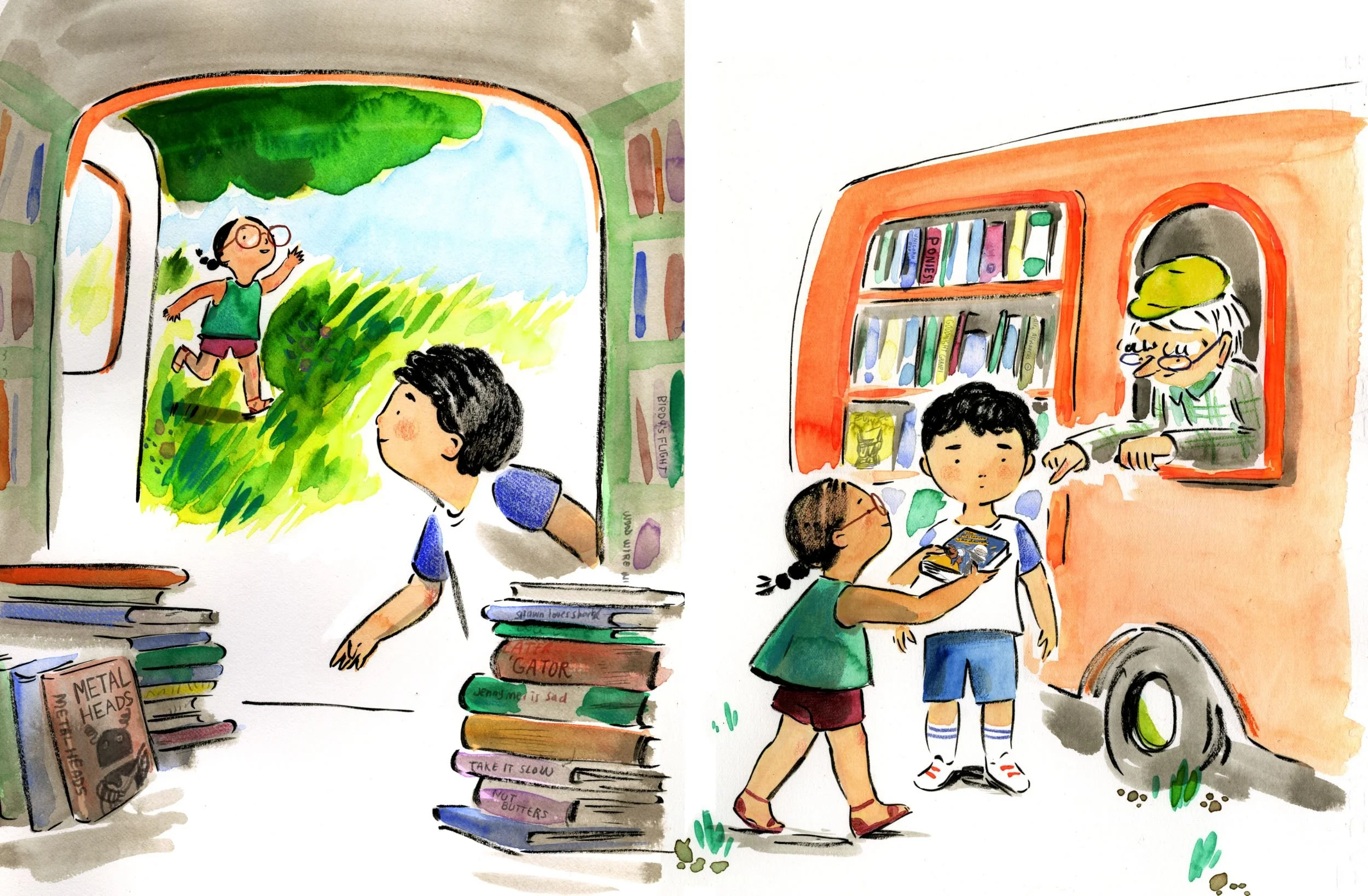 Watercolor illustration of children reading and playing near a bookshelf and outdoors scene with grass and trees.