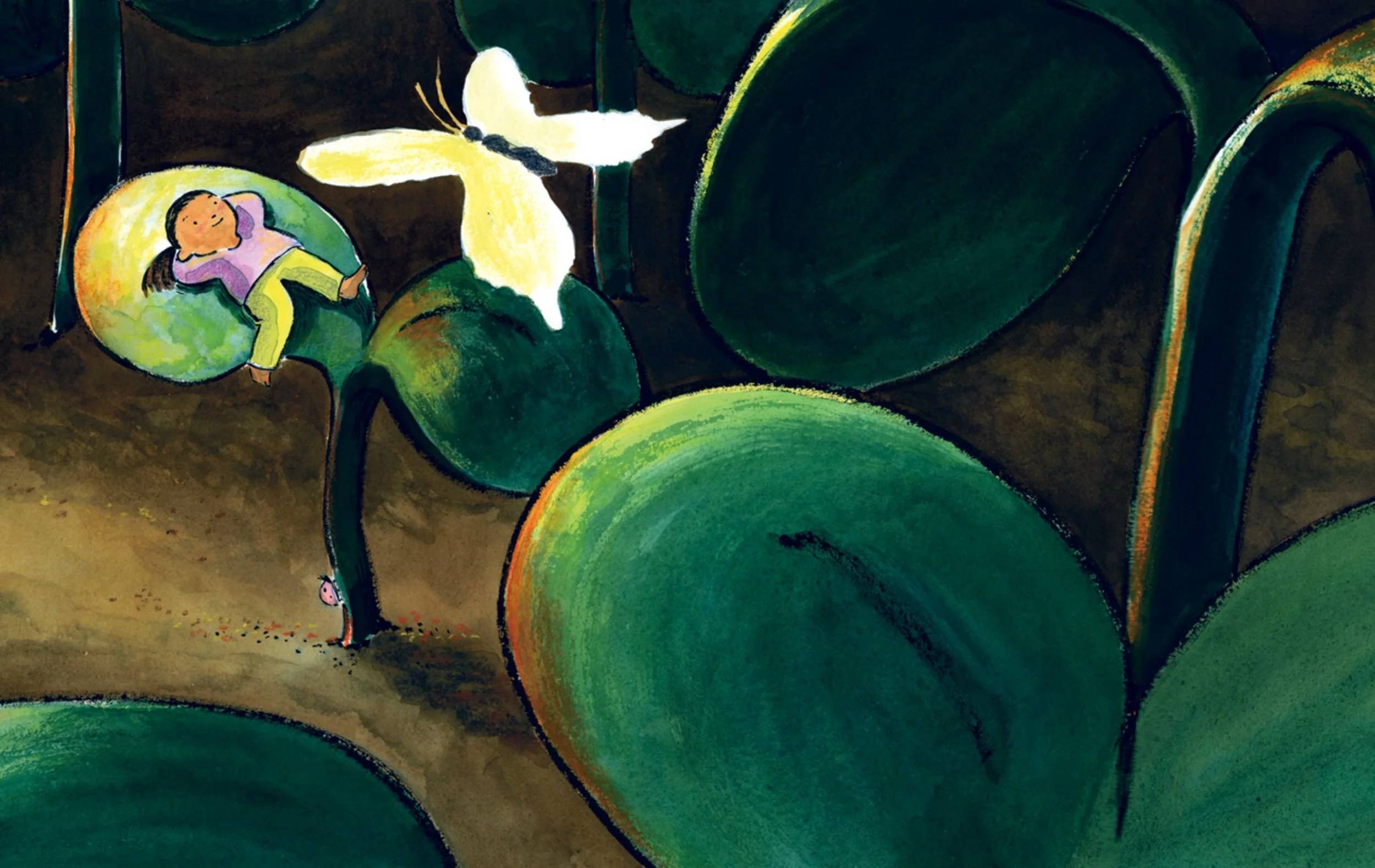 A girl lying on a large green leaf with a butterfly sitting nearby, surrounded by other large leaves.
