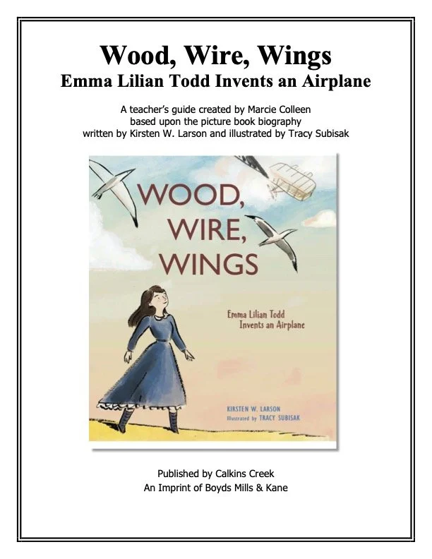 Cover of a teacher's guide titled 'Wood, Wire, Wings' by Emma Lilian Todd, featuring an illustration of a girl in a blue dress with flying airplanes and birds in the sky.