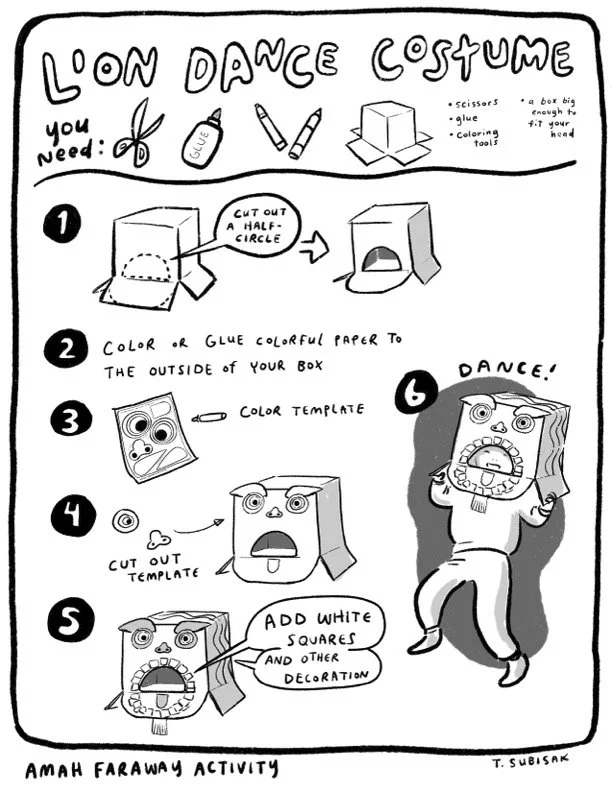Step-by-step instructions for creating a lion dance costume using a cardboard box, scissors, glue, and coloring tools.