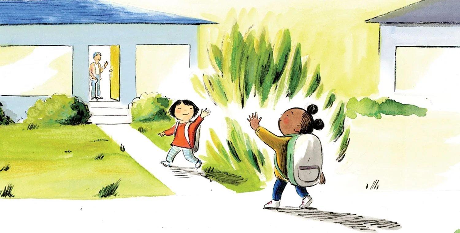 Two children greeting each other outside their houses with backpacks on, while another child in the background waves from inside a house.