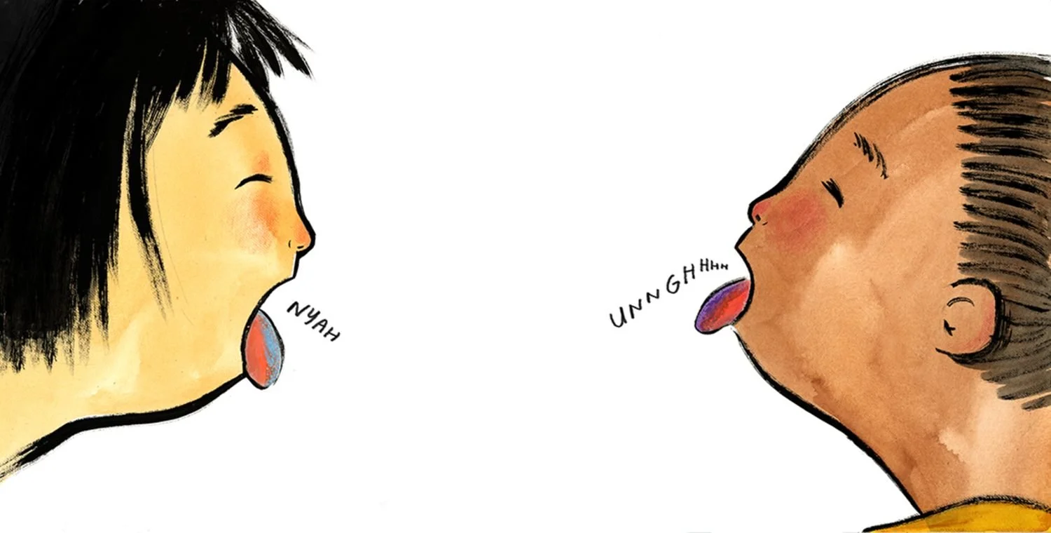 Illustration of two children with mouths open, appearing to be blowing or spitting at each other, with one saying 'NYAH' and the other 'UNNGHHH'.
