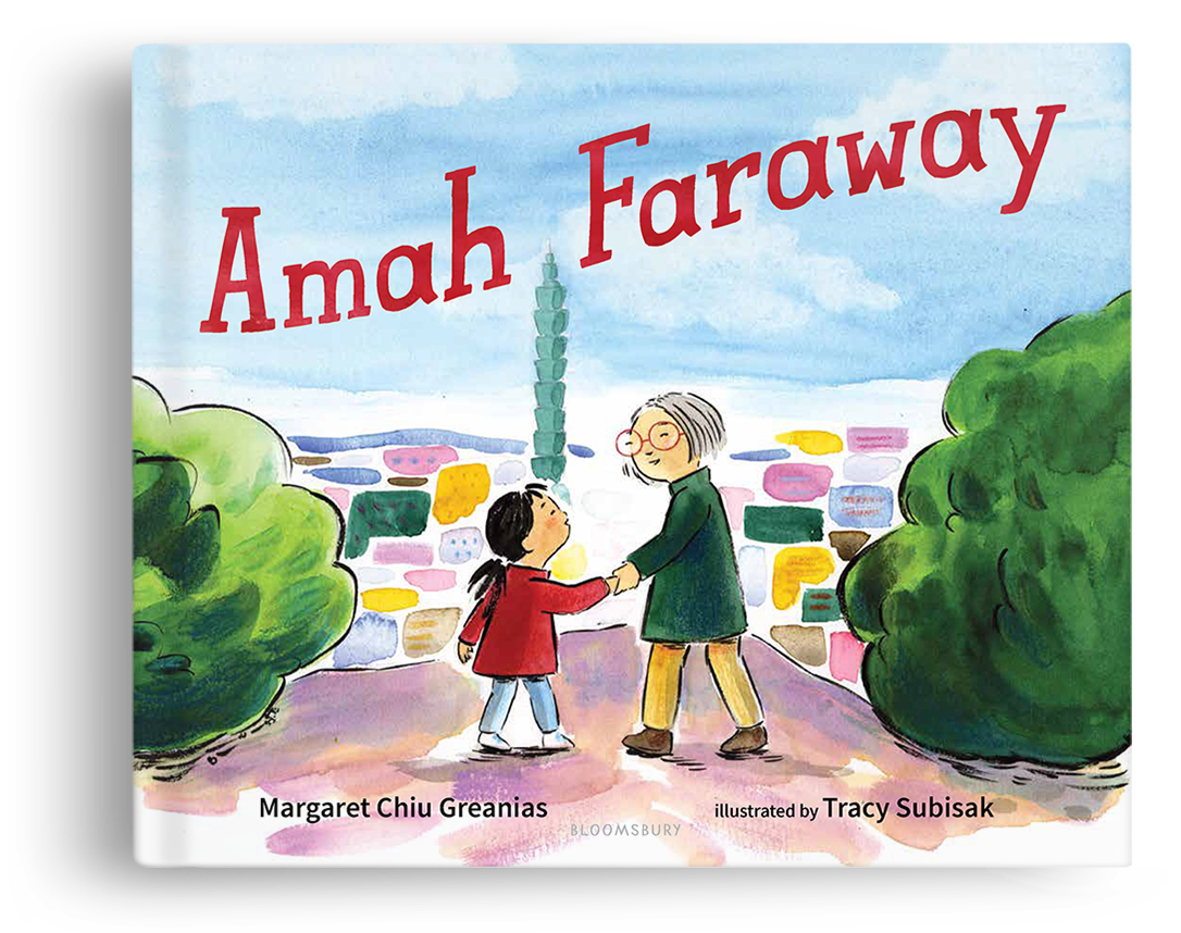 Illustration of an elderly woman and a young girl holding hands amidst colorful trees with a cityscape and a tall tower in the background, on the cover of a children's book titled 'Amah Faraway' by Margaret Chiu Greanias and illustrated by Tracy Subisak.
