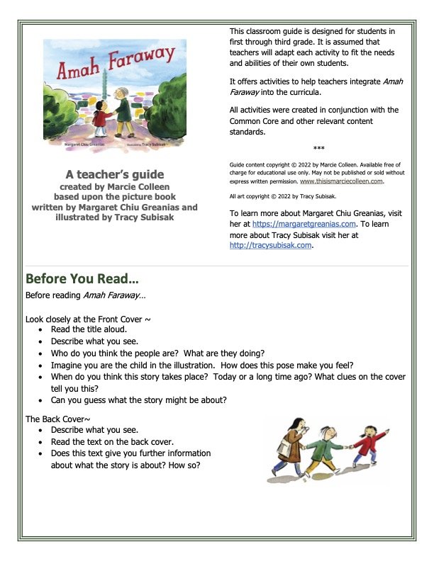 Cover image of the classroom guide titled 'Amah Faraway' showing two children holding hands and walking with a school building in the background. Beneath are instructions for reading the story and activities for understanding the story with illustrations of children walking.