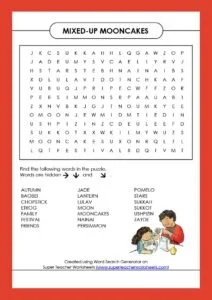 A word search puzzle titled 'Mixed-Up Mooncakes' on a red background, with a list of words including 'Autumn', 'Jade', 'Moon', and 'Preservative'. There is a small illustration of two children eating mooncakes at the bottom.