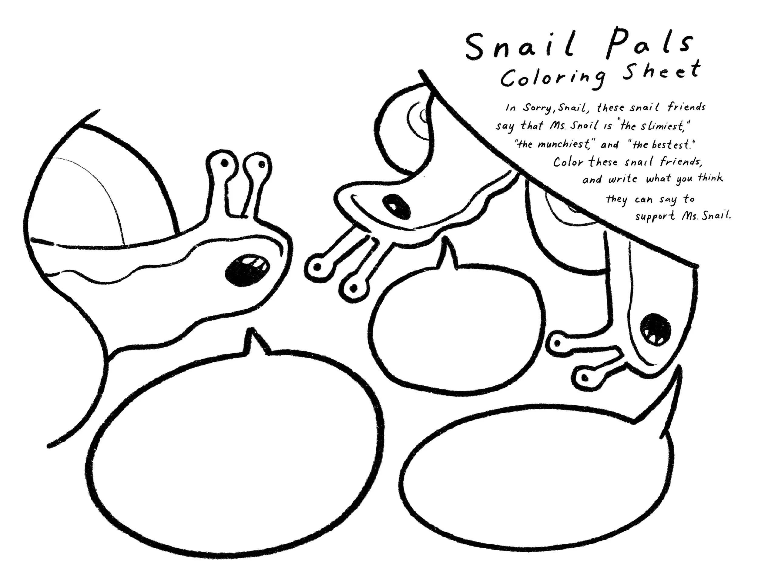 Black and white coloring sheet featuring three snails with large shells and smiling faces, accompanied by text about snails and a prompt to write what they think snails can say.