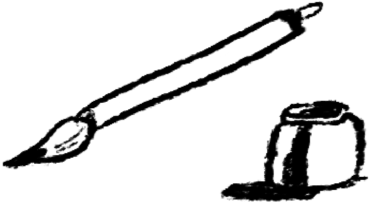 A paintbrush with a white handle and a small container of black paint on a black background.