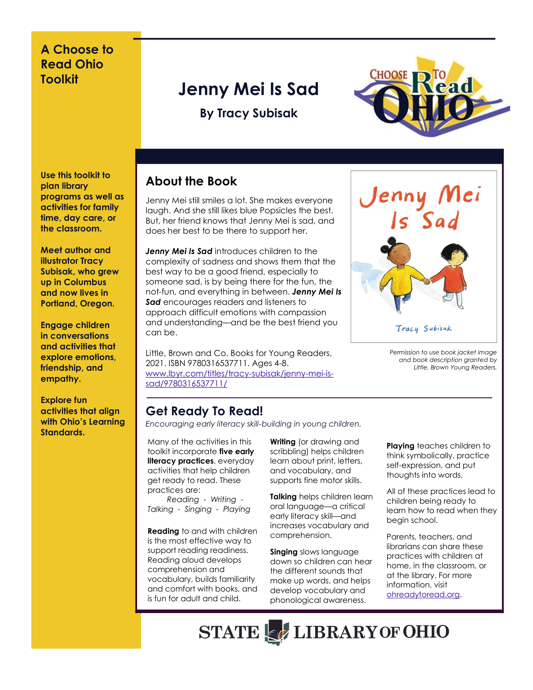 An educational flyer promoting reading programs for children, featuring a book cover titled "Jenny Mei Is Sad" by Tracy Subisak. The flyer includes information about Ohio's library initiatives, activities for early literacy, and the State Library of Ohio logo.
