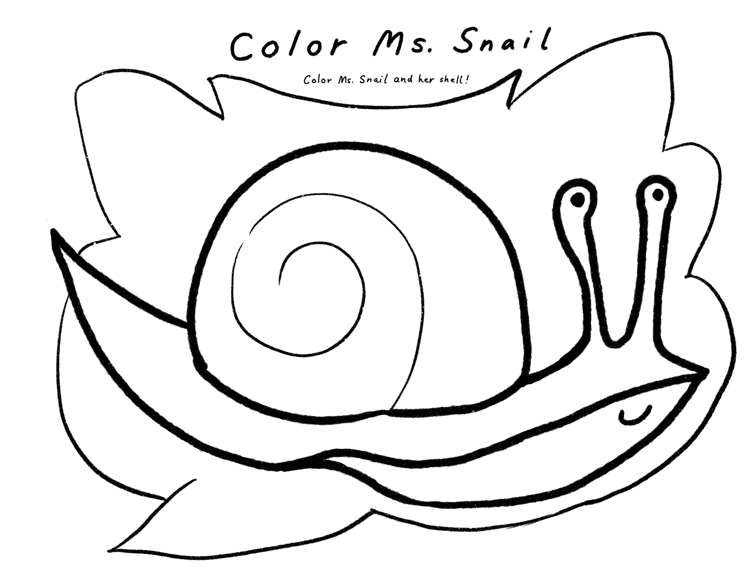 Line drawing of a snail shell with text reading 'Color Ms. Snail' and 'Color Ms. Snail and her shell!'