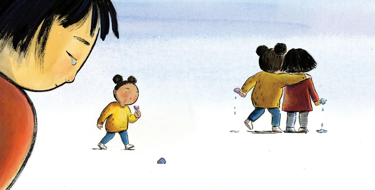 Four children walking, three girls in yellow, red, and yellow jackets, one girl with black hair and a yellow jacket is walking with her arm around another girl with black hair and a red jacket. The child closest to the camera, with black hair, appear