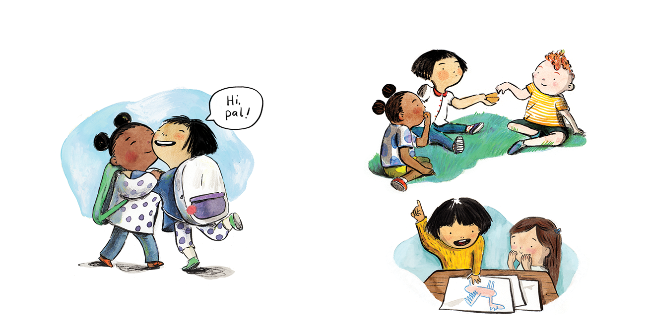 Children greeting each other, children sitting on grass, children drawing at a table