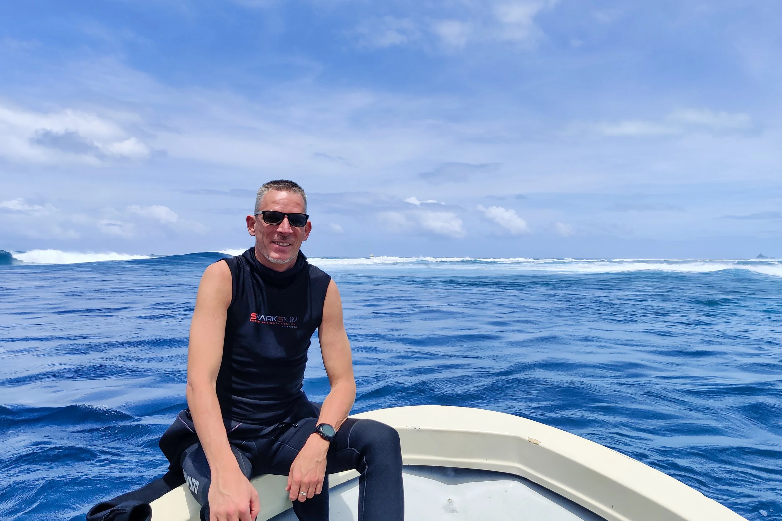 Chris having a surface interval break at Blue Corner in Palau.