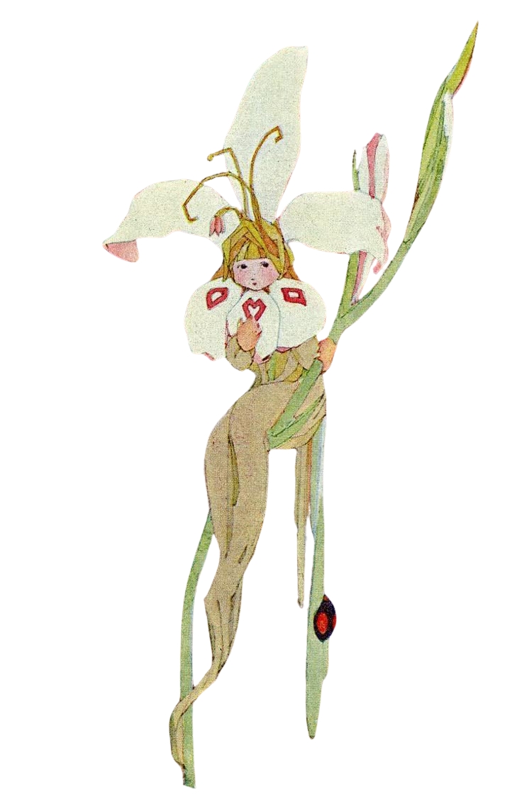 Illustration of a fairy with flower wings holding a large green leaf.
