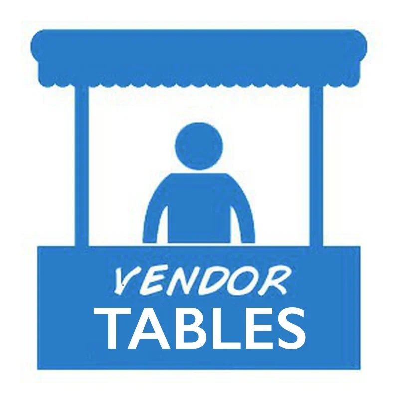 A blue vendor booth with a person behind the counter, labeled 'VENDOR TABLES'.