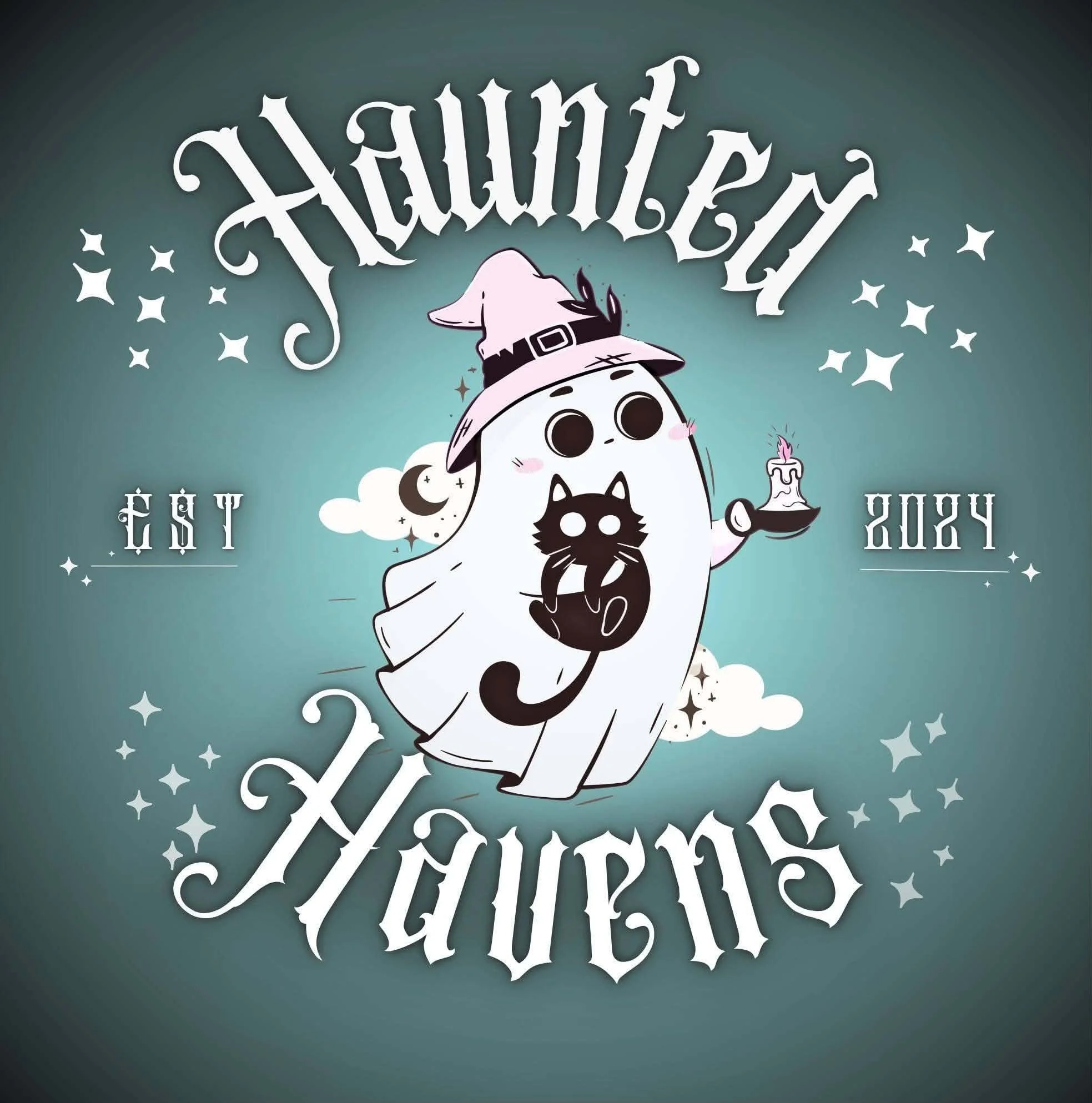 Stylized text saying "Halloween" with a cartoon ghost wearing a witch's hat holding a candle, surrounded by stars and crescent moons, celebrating Halloween in 2024.