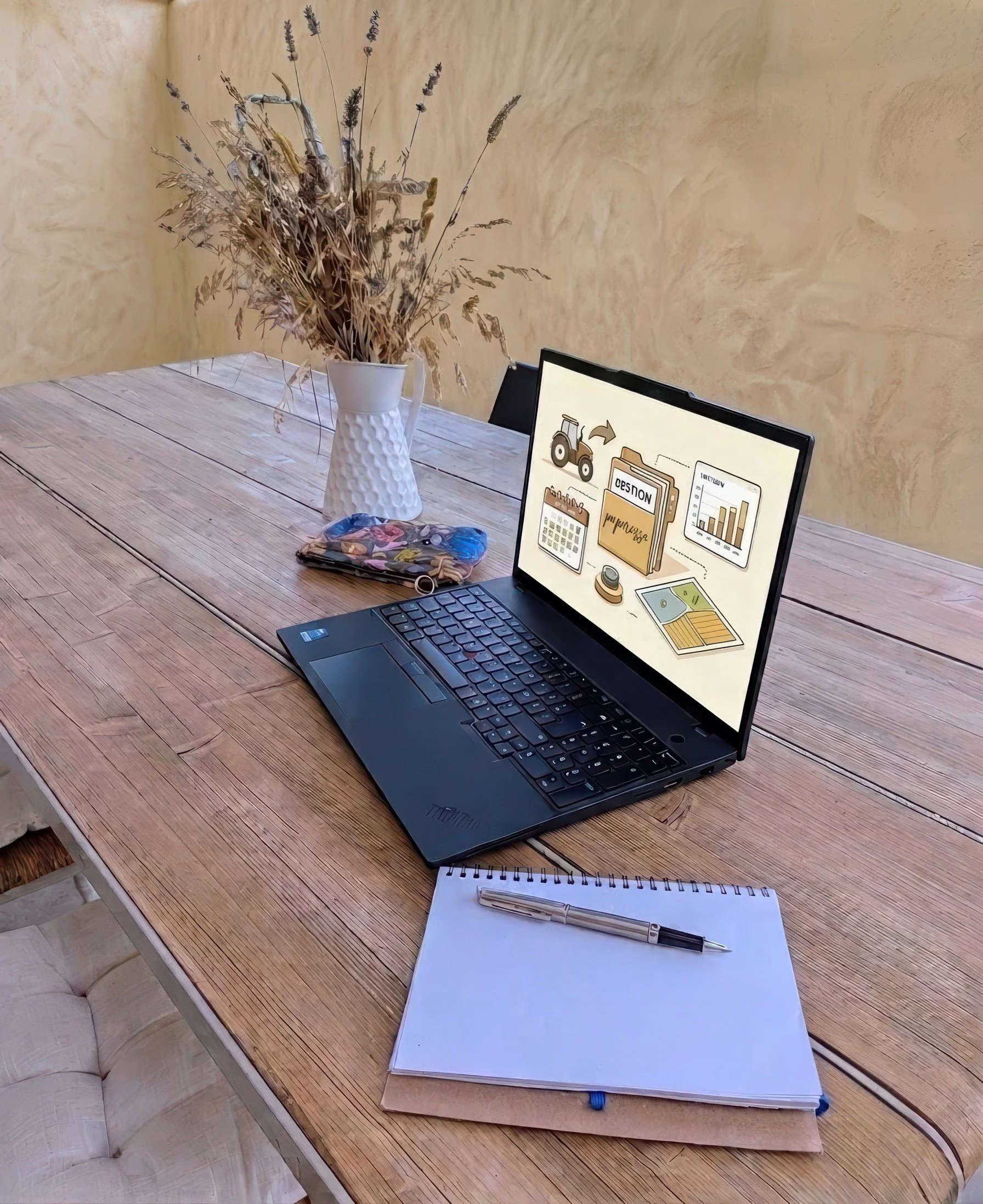Un tableau de bureau avec un ordinateur portable affichant des graphiques et des documents, une plante sèche dans un vase blanc, un carnet blanc avec un stylo, une boîte de batteries, et des accessoires divers sur une table en bois.