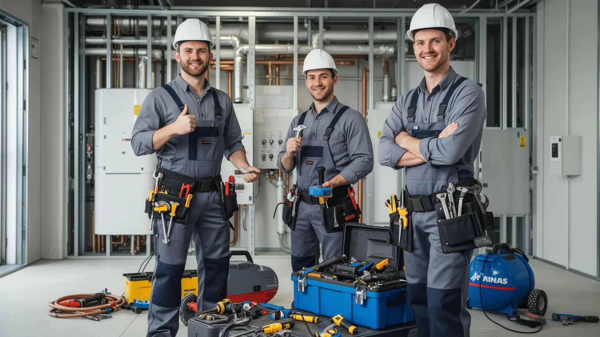 Three male electricians in gray work uniforms and white helmets standing inside an unfinished room with electrical wiring and equipment. They are smiling and holding tools, with various power tools and equipment on the floor and in toolboxes around them.