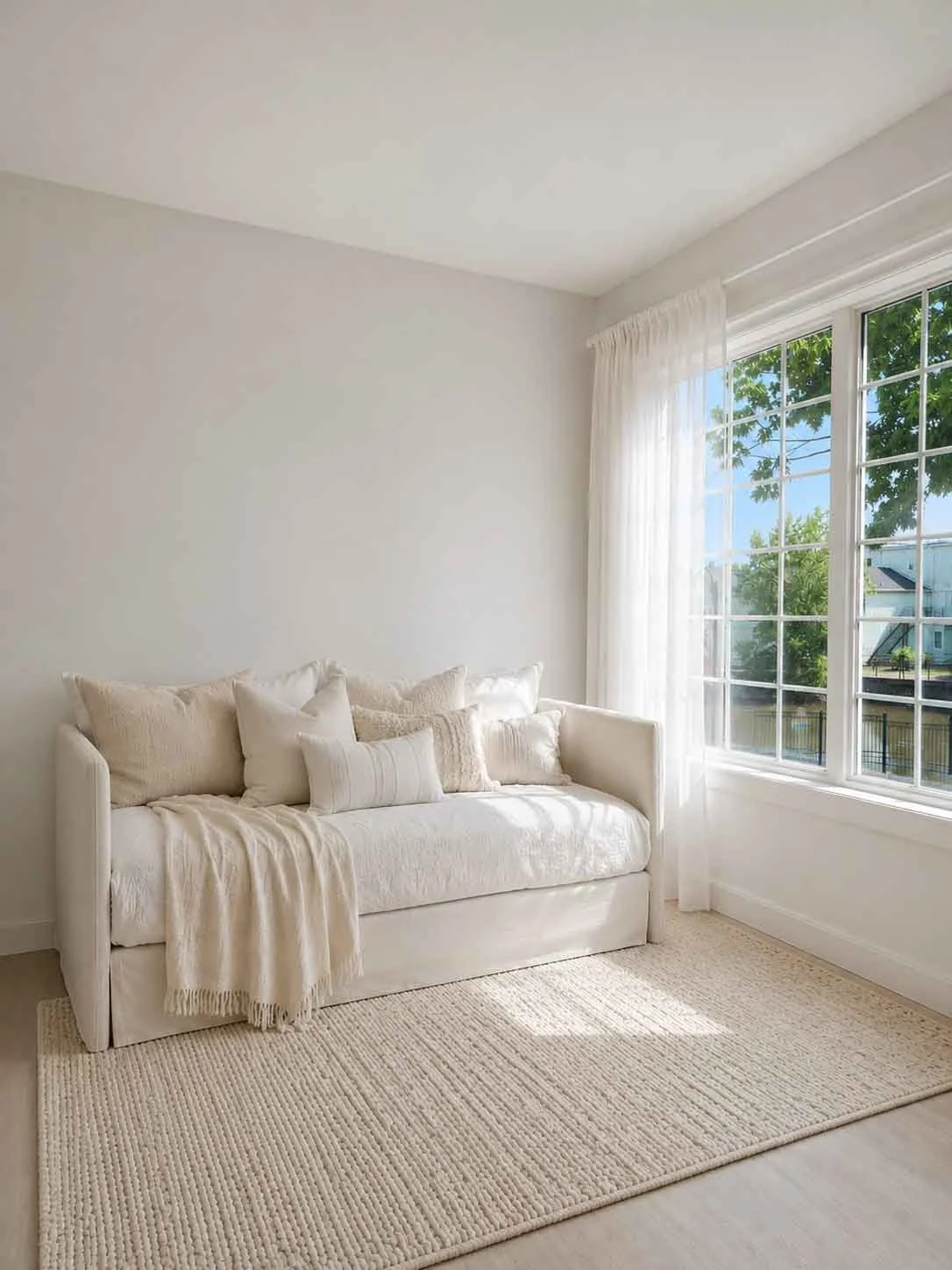 Bright living room with white sofa, multiple pillows, beige throw blanket, large window with white curtains, and a natural fiber rug.