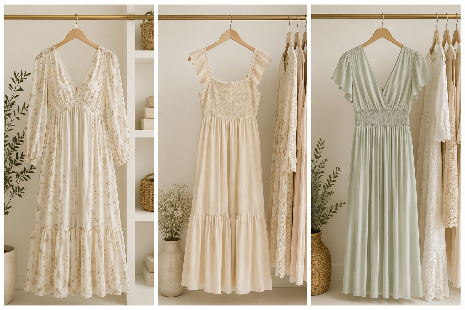 Three dresses hanging on a clothing rack, with decorative plants and baskets around.