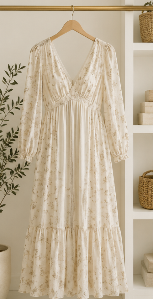 Dress from East and Elm Portrait Studio client closet, long cream-colored floral dress with puffed sleeves hanging on a wooden hanger in a room with a white shelf and potted plant.