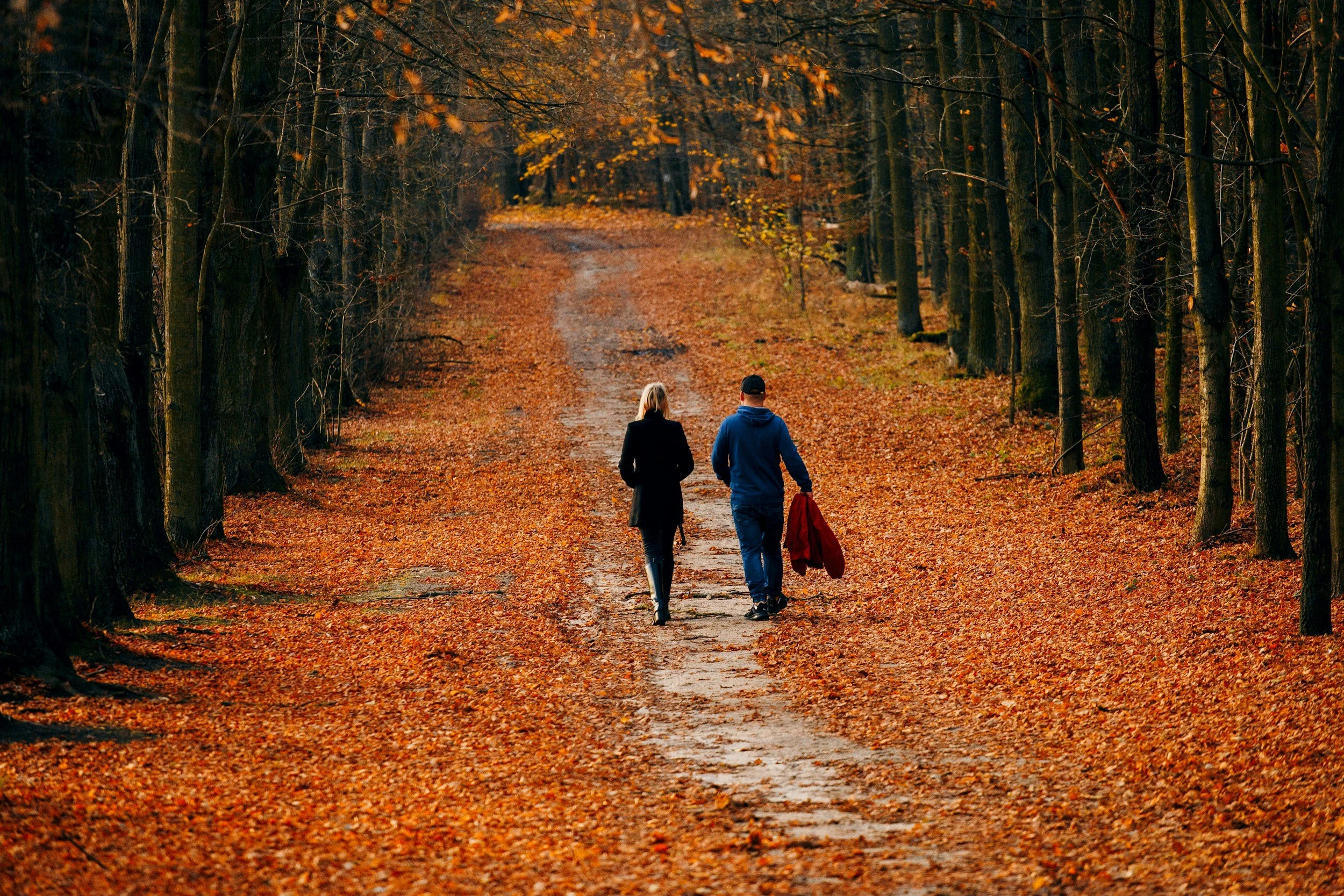 Twee mensen wandelen naast elkaar over een bospad in de herfst