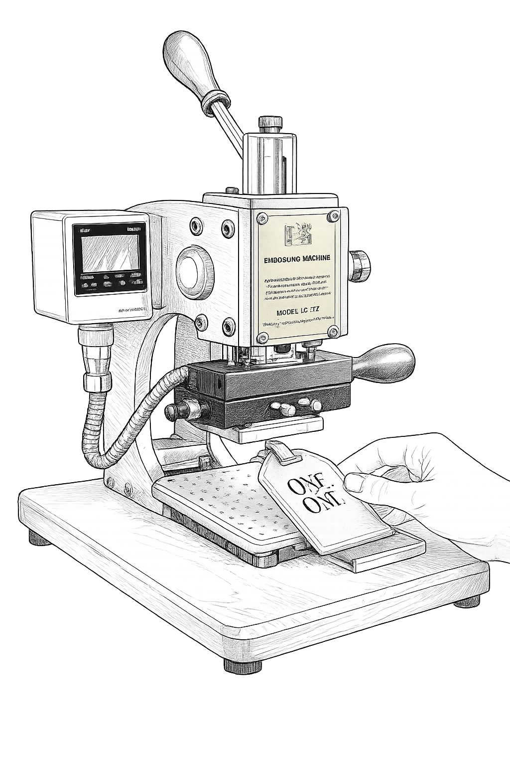 A detailed illustration of a small mechanical machine labeled 'Emdosung Machine' with a hand placing a tag that reads 'ONE ONLY' on a part of the machine.