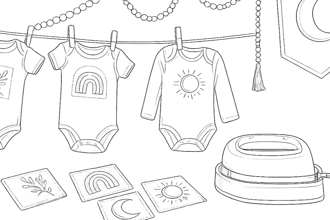 Baby onesies with sun, rainbow, and moon motifs hanging on a clothesline. There are matching cards on a table and a cloth diaperer in the scene.