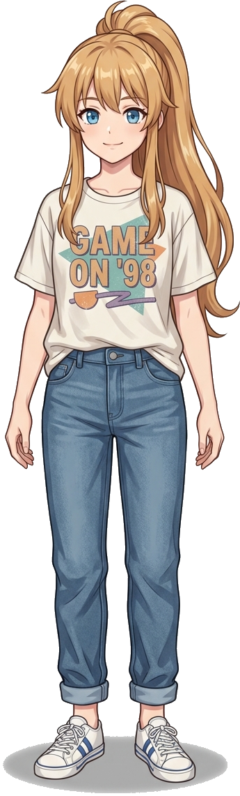 Anime-style girl with long blonde hair in a high ponytail, wearing a white T-shirt with "GAME ON '98" graphic and blue jeans, standing against a plain background.