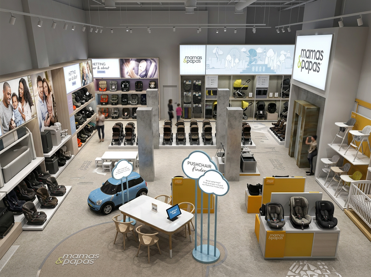 Interior of a retail store displaying baby and toddler car seats, strollers, and accessories, with signage for Mamas & Papas.