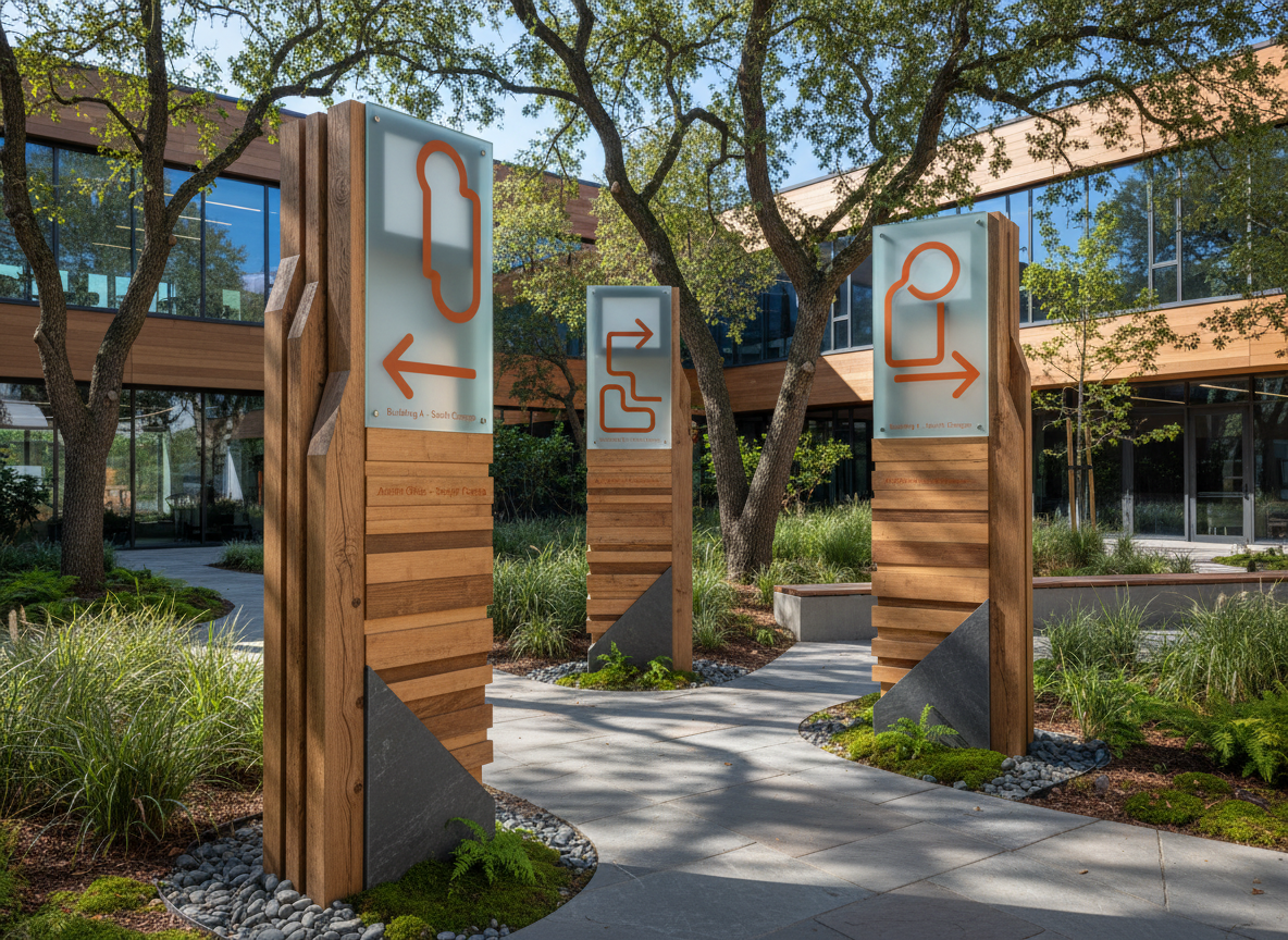 Outdoor pathway with wooden signs displaying directional icons for different areas, surrounded by trees and landscaping, part of a modern office complex.